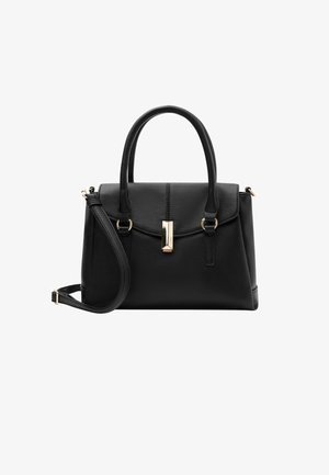 Schwarze Lederhandtasche mit strukturierter Form, doppelten oberen Griffen, abnehmbarem Schultergurt, goldfarbenen Akzenten und einer strukturierten Oberfläche.