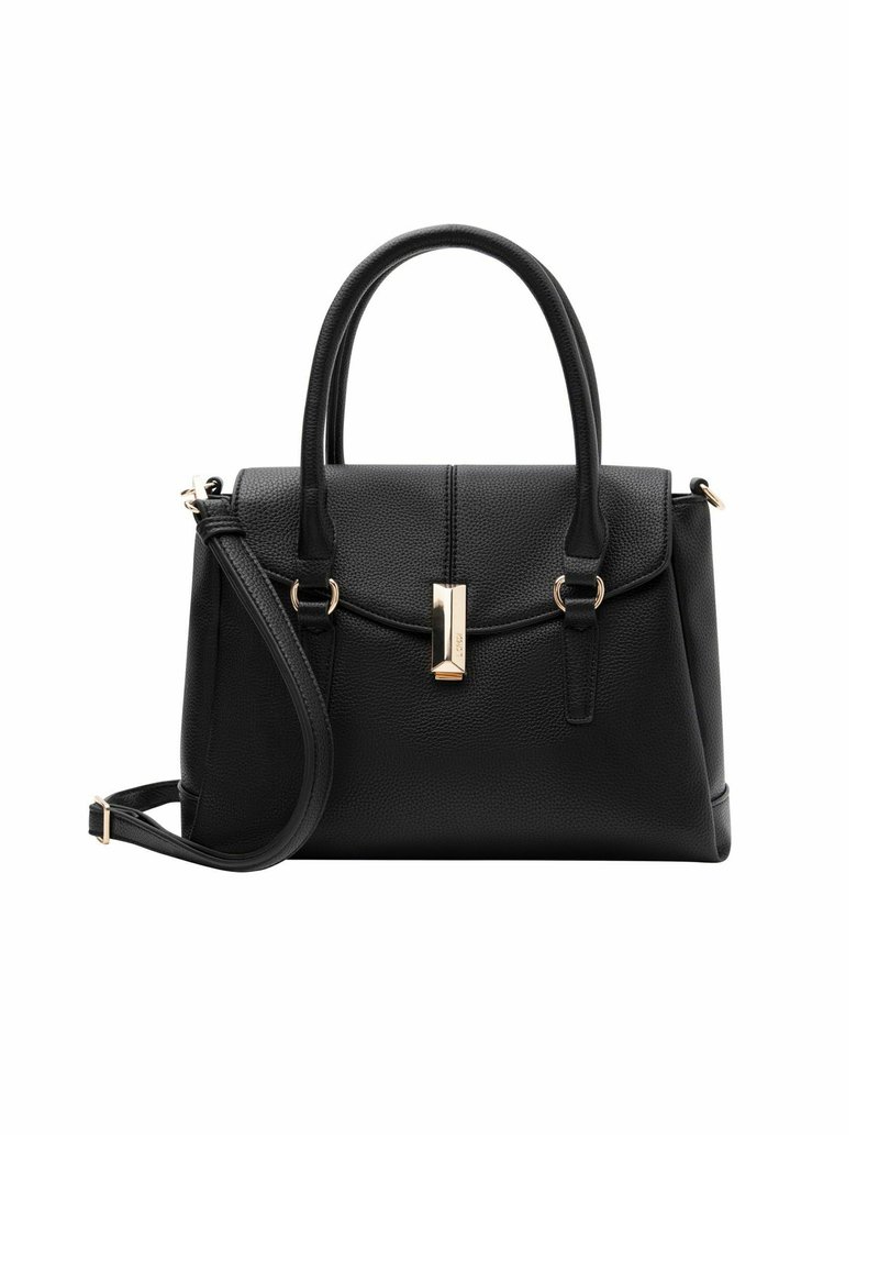 Schwarze Lederhandtasche mit strukturierter Form, doppelten oberen Griffen, abnehmbarem Schultergurt, goldfarbenen Akzenten und einer strukturierten Oberfläche.