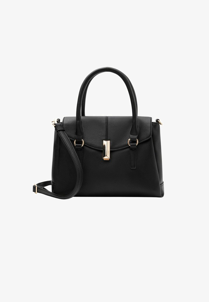Borsa a tracolla in pelle nera con forma strutturata, doppio manico superiore, tracolla staccabile, finiture in oro e superficie texturizzata.