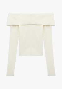 Crème ribgebreide trui met lange mouwen en een brede, omgeslagen off-the-shoulder halslijn, aansluitende silhouet.