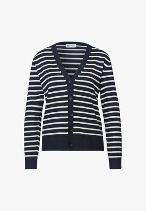 Granatowo-biały kardigan w paski z dekoltem w serek, zapinany na guziki, z prążkowanymi mankietami i wykończeniem na dole. Wykonany z miękkiego dzianinowego materiału.