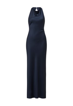Mørkeblå sateng halterneck kveldskjole med drapert utringning og gulvlengde med slim fit.