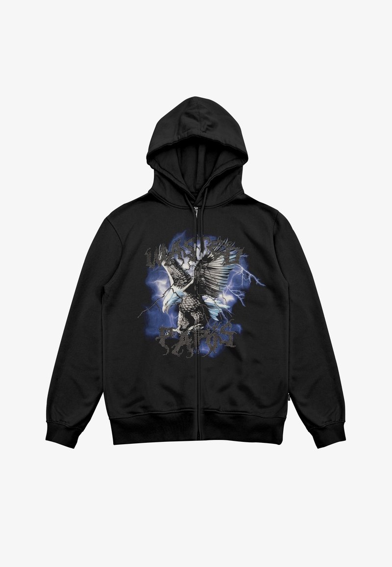 Sweat à capuche noir zippé avec un graphisme d'aigle entouré d'éclairs et d'accents bleus, fabriqué dans un matériau doux avec une texture lisse.