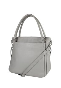 Grijze leren handtas met dubbele handgrepen en een afneembare schouderriem. Getextureerd oppervlak en accenten van zilverkleurig beslag.