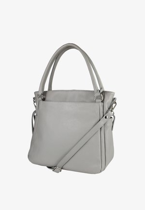 Gray leather handbag with dual handles and a detachable shoulder strap. Textured surface and silver-tone hardware accents.