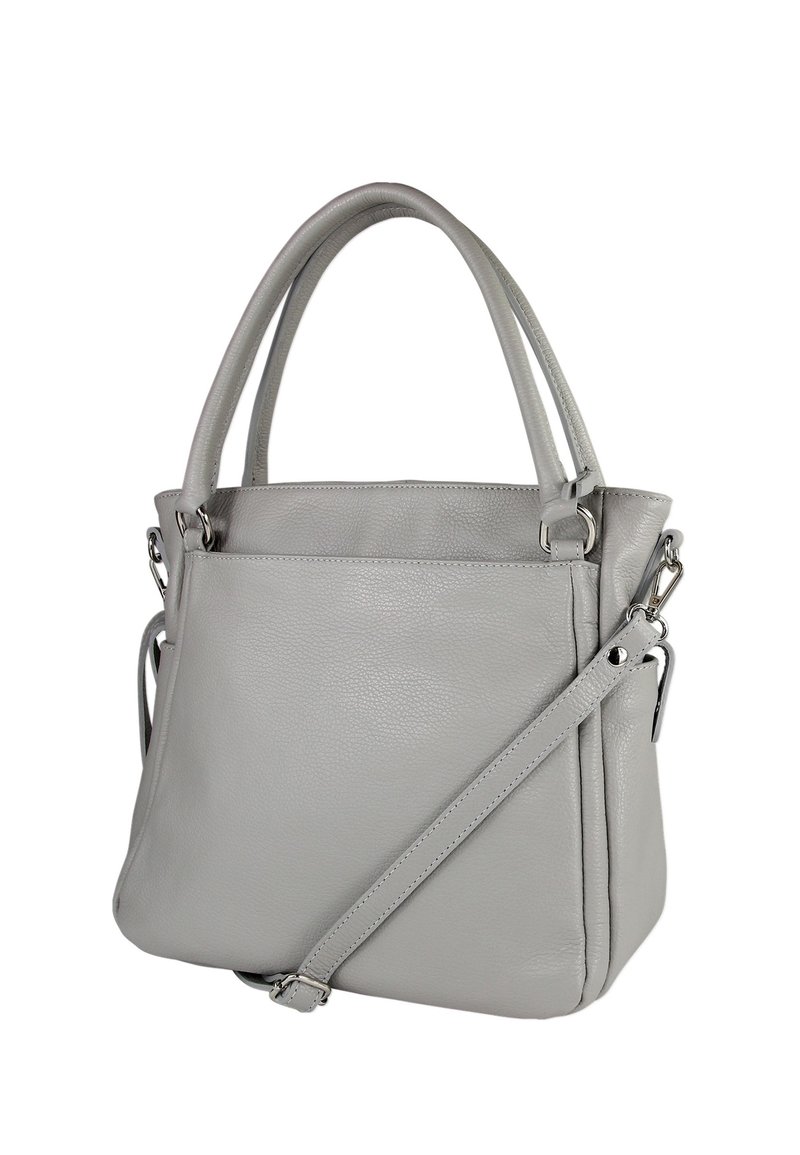 Grijze leren handtas met dubbele handgrepen en een afneembare schouderriem. Getextureerd oppervlak en accenten van zilverkleurig beslag.