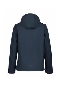 Mørkeblå jakke med hætte, lavet af glat, let materiale. Har et enkelt design med lange ærmer og en reflekterende detalje på ryggen.