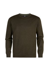 Dark olive green long-sleeve crew neck sweater with ribbed cuffs and hem, plain knit fabric, and a small brand label inside the collar.