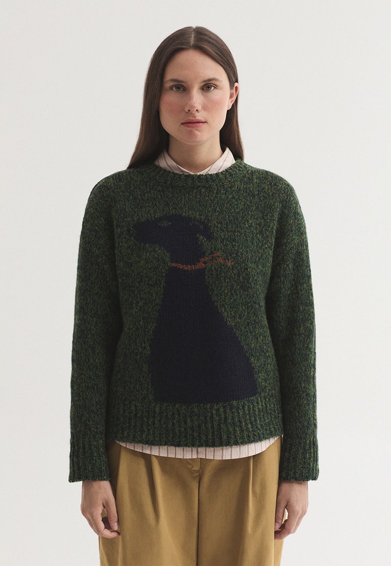 Femme aux cheveux bruns raides portant un pull vert avec un grand motif de chien noir et un pantalon beige sur un fond uni.
