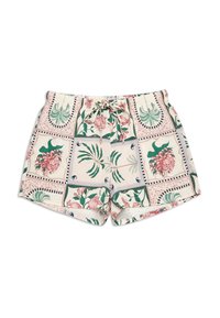 Shorts rose pâle à cordon de serrage avec des motifs floraux verts et corail disposés en blocs carrés sur le tissu.