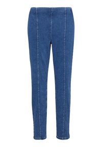 Jeans w ciemnoniebieskim kolorze, charakteryzujące się slim fit, teksturowaną powierzchnią oraz kontrastowymi szwami. Elastyczny pas dla dodatkowego komfortu.