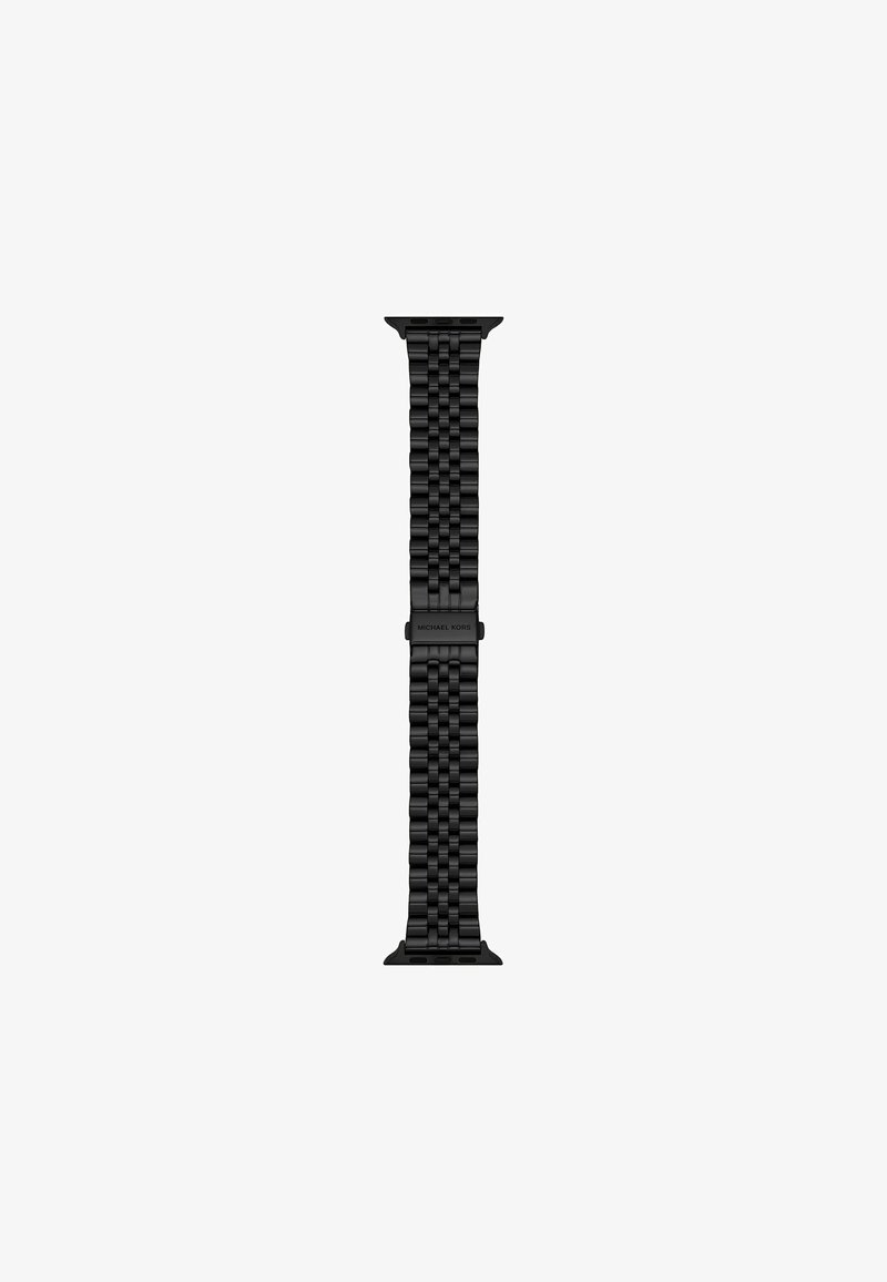 Bracelet de montre en silicone noir avec un motif tissé. Dispose d'un fermoir en métal et conserve une forme rectangulaire étroite tout au long.