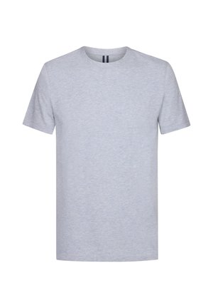 T-shirt grigio chiaro a maniche corte con scollatura rotonda, realizzato in un tessuto morbido, con una leggera texture mélange e senza ulteriori decorazioni.