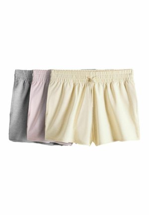 Drei Paar Shorts mit elastischem Bund in Creme, Hellrosa und Grau, auf einem weißen Hintergrund überlappend angeordnet.
