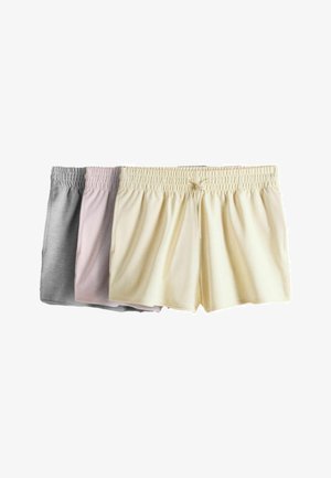 Drei Paar Shorts mit elastischem Bund in Creme, Hellrosa und Grau, auf einem weißen Hintergrund überlappend angeordnet.