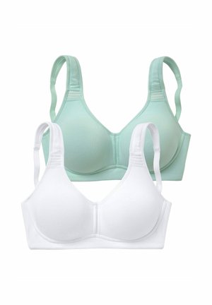 Two wireless bras, one mint green and one white, with adjustable straps and a smooth, seamless design.