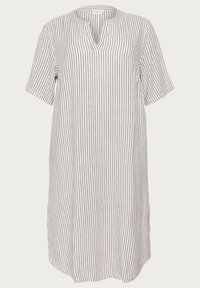 Vestito a righe con una vestibilità rilassata, maniche corte, scollatura a V e tessuto morbido bianco con righe blu navy e sottili strisce dorate.