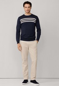 Maglione blu navy con righe orizzontali bianche, colletto rotondo, abbinato a pantaloni beige e scarpe nere. Design semplice e moderno, vestibilità rilassata.