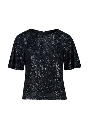 Zwart pailletten top met korte fluttermouwen en een ronde halslijn. Heeft een gestructureerd oppervlak met pailletten die het hele kledingstuk bedekken.