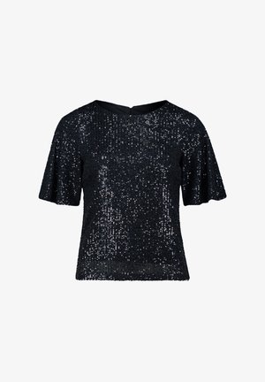 Zwart pailletten top met korte fluttermouwen en een ronde halslijn. Heeft een gestructureerd oppervlak met pailletten die het hele kledingstuk bedekken.