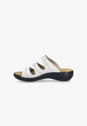 White leather slide sandal with three cut-out straps, cushioned insole, and a black rubber outsole for stability and comfort.