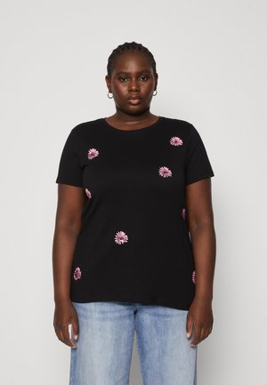Maglietta nera in cotone con maniche corte, decorata con ricami di fiori rosa sparsi sulla parte anteriore. Design semplice con scollo rotondo.