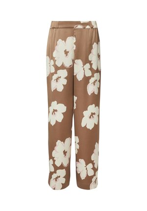 Bruine wijde broek met grote roomwitte bloemenprint en elastische tailleband.