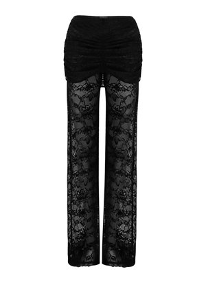 Black lace pants with gathered waistband, featuring a sheer floral pattern. Wide-leg design offers a relaxed fit throughout the length.