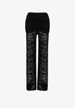 Pantaloni in pizzo nero con vita arricciata, caratterizzati da un motivo floreale trasparente. Il design a gamba larga offre una vestibilità comoda su tutta la lunghezza.