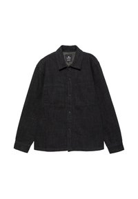 Fekete hosszú ujjú, gombos ing két mellzsebbel és gallérral, fehér háttér előtt síkban elhelyezve.