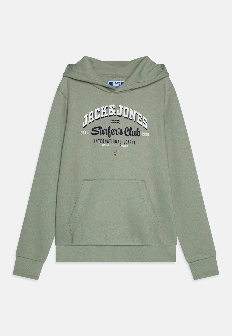 Grön bomullshoodie med kenguruficka, snörning i huvan och vit tryckt text med "Jack & Jones Surfer's Club"-logotyp.