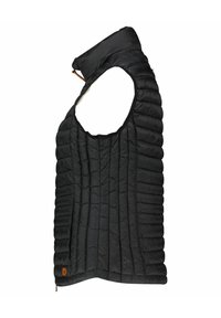 Doudoune sans manches noire matelassée avec col montant et fermeture éclair, conçue pour la chaleur et une utilisation extérieure légère.