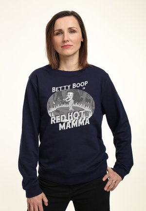 Marineblå sweatshirt med et grafisk print featuring Betty Boop med titlen "Red Hot Mamma", i hvide og grå nuancer. Blød tekstur, design med rund hals.