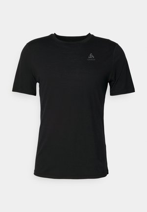 Black t-shirt made from lightweight fabric, featuring a round neckline, short sleeves, and a small brand logo on the upper left.