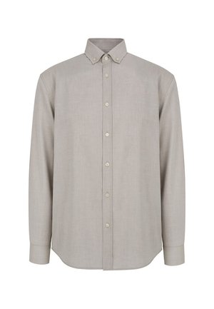 Koszula z długim rękawem w jasnobeżowym kolorze, z kołnierzykiem zapinanym na guziki, guzikami z przodu i zaokrąglonym dołem. Gładka tekstura, brak wzorów.