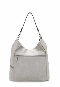 Sac à épaule en simili cuir gris avec une texture lisse, présentant une poche zippée à l'avant, un dessus arrondi et une bandoulière noire amovible.