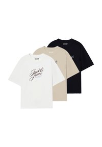 Three short-sleeved t-shirts in white, beige, and black. Each features the text "Jack & Jones" in cursive font on the front.