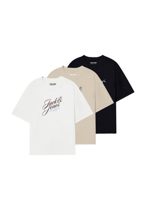 Three short-sleeved t-shirts in white, beige, and black. Each features the text "Jack & Jones" in cursive font on the front.