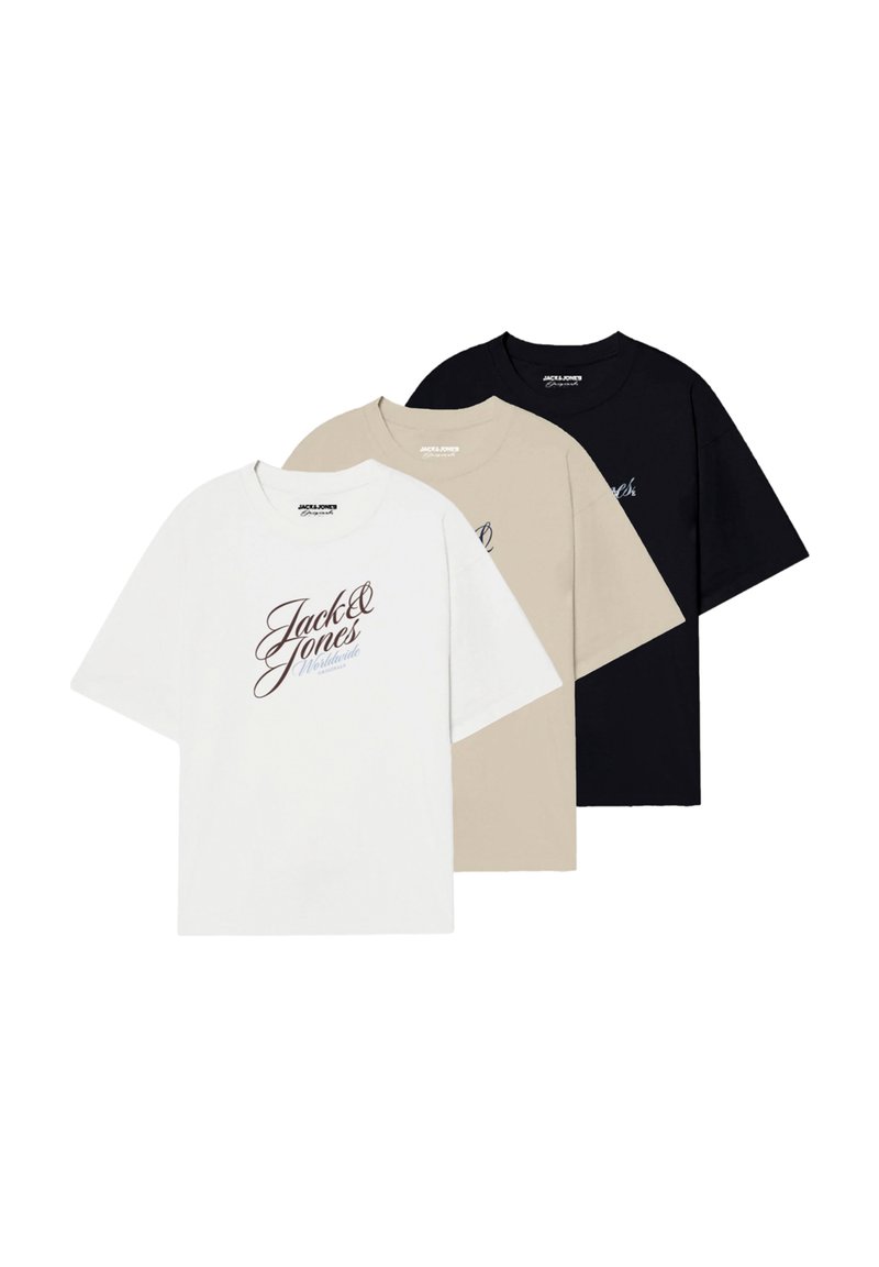 Three short-sleeved t-shirts in white, beige, and black. Each features the text "Jack & Jones" in cursive font on the front.