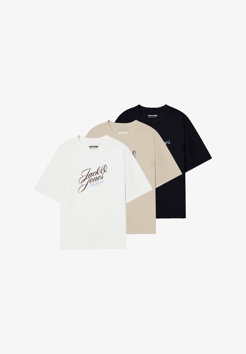 Three short-sleeved t-shirts in white, beige, and black. Each features the text "Jack & Jones" in cursive font on the front.