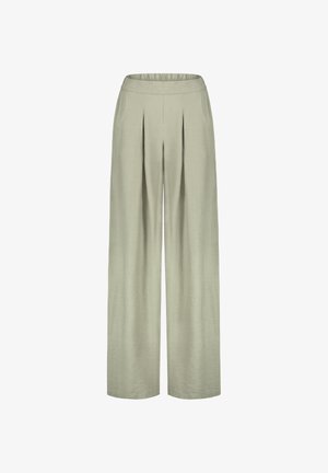 Weit geschnittene, hellolivgrüne Hosen mit vorderen Falten und seitlichen Taschen, mit einem elastischen Bund auf der Rückseite.