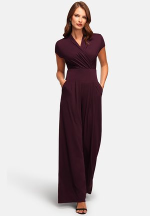 Bordeaux jumpsuit van zachte stof, met korte mouwen, een wikkeltop, een getailleerde taille, brede pijpen en zijzakken.