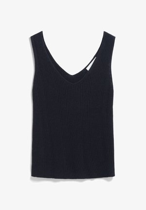 Donker marineblauw geribbeld hemdtopje met een V-hals en brede schouderbanden. Gemaakt van een gestructureerde breiselstof met een aansluitende snit.