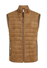 Brūnā zamša veste ar quilted dizainu, stāvokli apkakli, priekšējo rāvējslēdzēju un sānu kabatām ar spiedpogu.