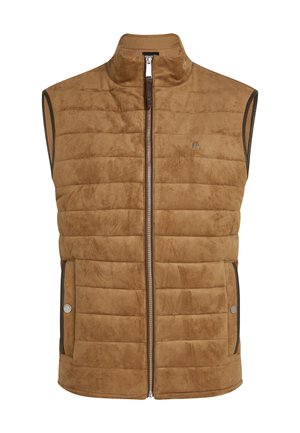 Pruunest seemisest vestist on patchwork desain, tõusva kraega, esine lukuga sulgemine ja küljeaukudega nupsudega taskud.