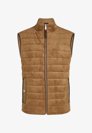 Pruunest seemisest vestist on patchwork desain, tõusva kraega, esine lukuga sulgemine ja küljeaukudega nupsudega taskud.