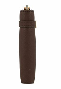 Brown leather pen case with a textured surface, cylindrical shape, and gold hardware accent. Features a secure strap closure.
