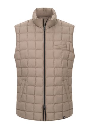 Chaleco aislante beige con cuello alto, textura acolchada, cierre frontal con cremallera y un pequeño bolsillo en el pecho. Sin mangas.