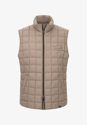 Beige geïsoleerde vest met hoge kraag, gestikte textuur, ritssluiting aan de voorkant en een klein borstzakje. Geen mouwen.