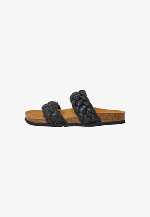 Black braided slide sandals with two wide straps, cork footbed, and a textured rubber sole. The straps feature a woven design for added detail.